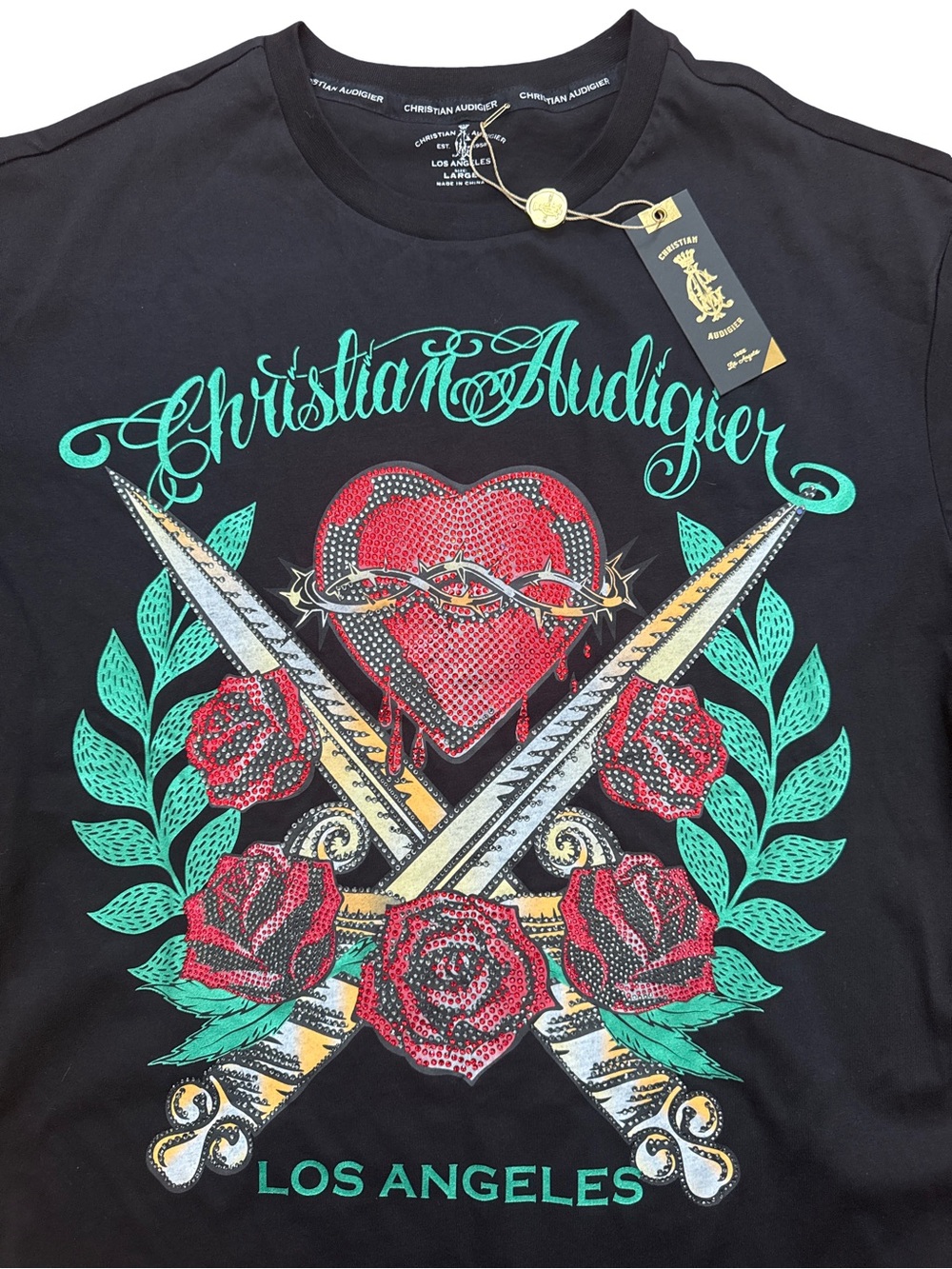 Christian Audigier T Shirt Mens L Crown Wings Roses Rhinestone Y2K Style NWT